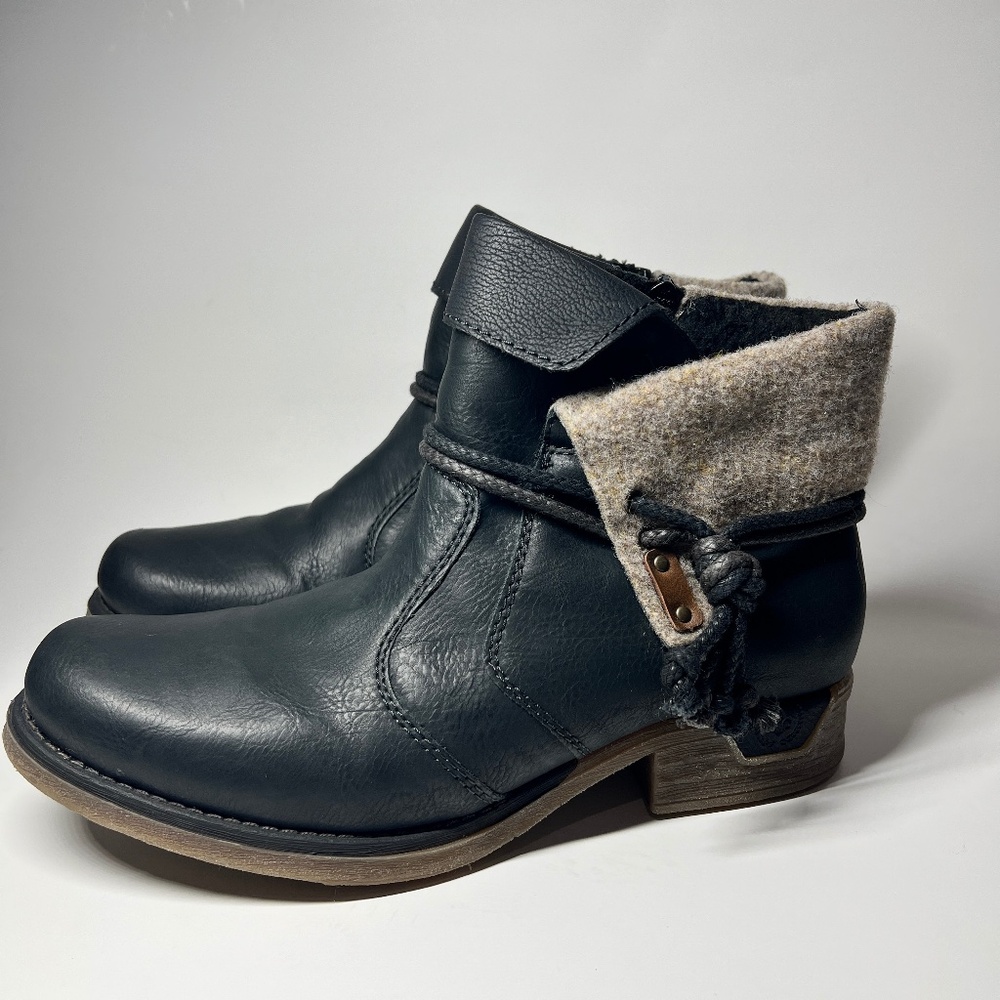 Rieker Fee 93 Woman’s Black Ankle Bootie Foldover Side Tie Zipper Size 41